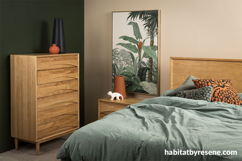 neutrals, green, bedroom, jungle bedroom inspiration, tropical bedroom, orange, Resene