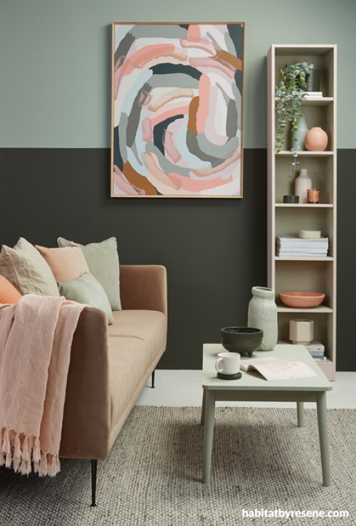 living room inspiration, living room decor, green interior ideas, feature wall ideas, interior trend